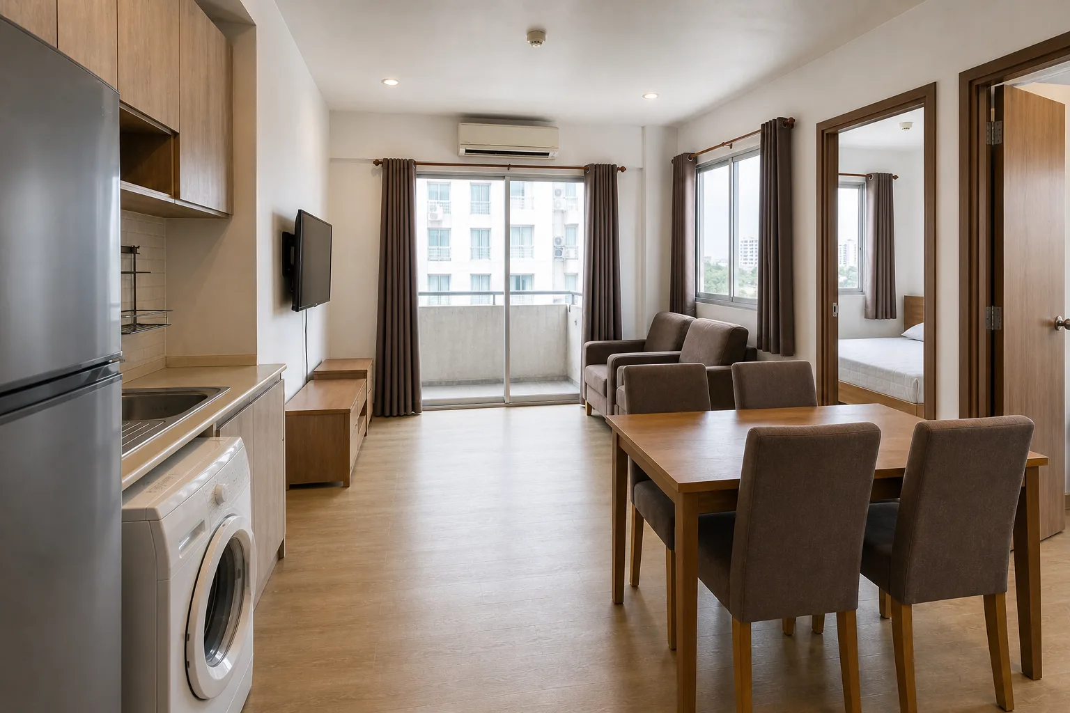 The two bedrooms seen from the entry corner, with daylight from the window wall